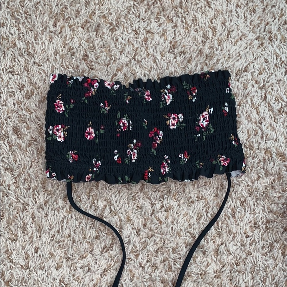 Black Strapless Floral Bathing Suit Top